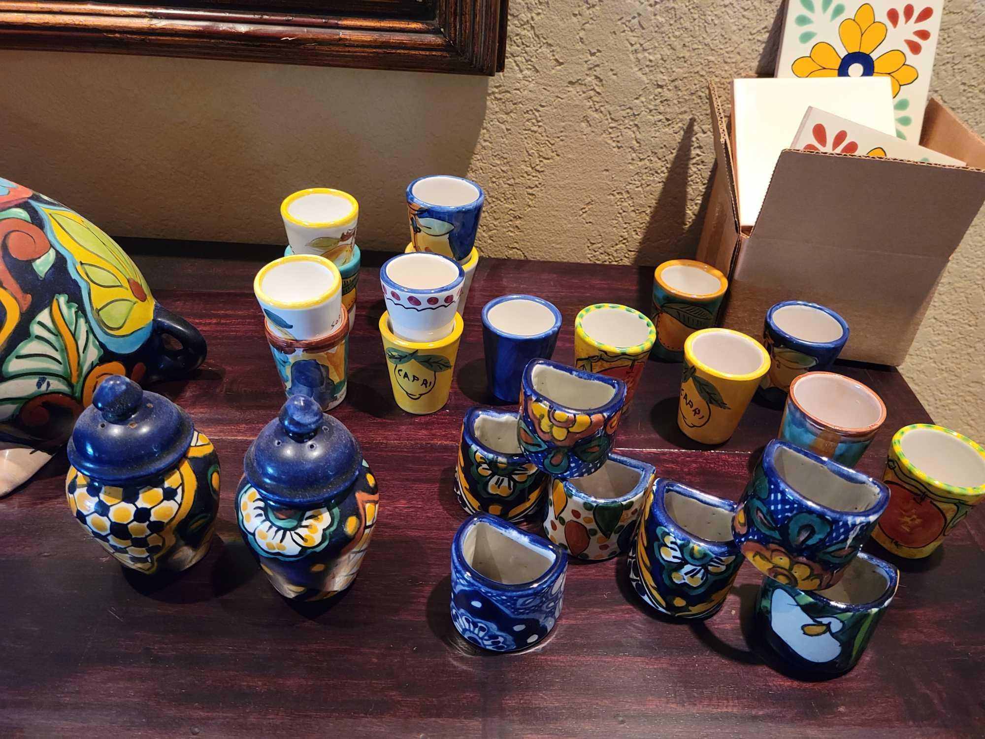 Talavera Pottery Almafi gullotta pieces Vase pig bank shot glasses knapkin holders