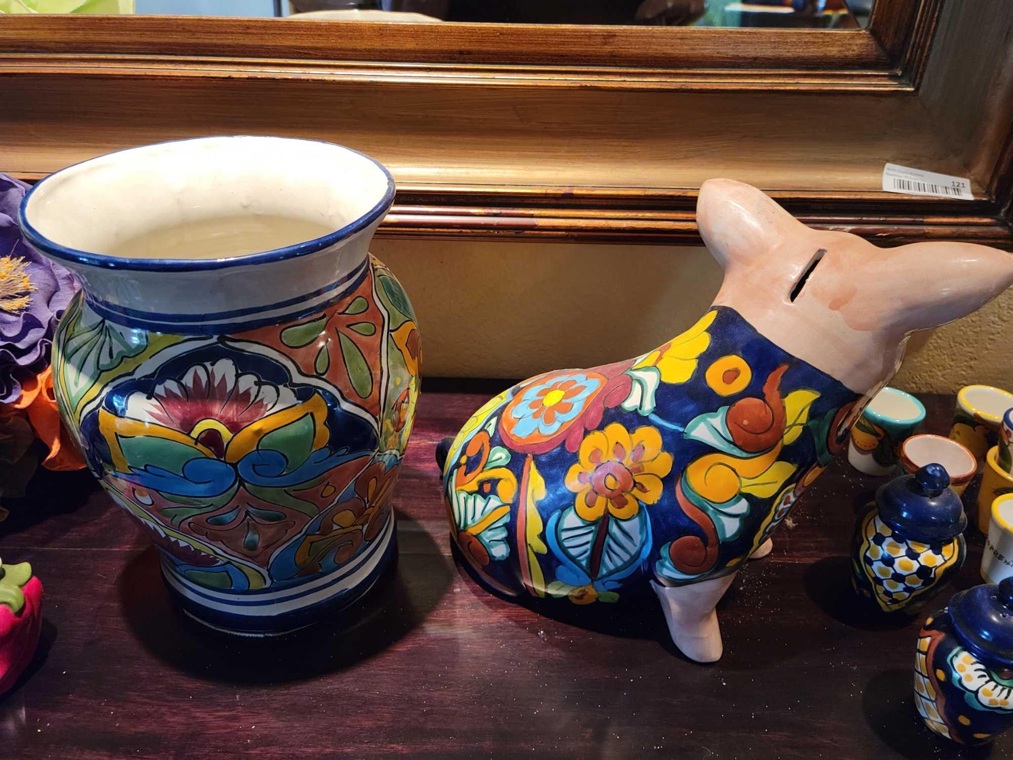Talavera Pottery Almafi gullotta pieces Vase pig bank shot glasses knapkin holders