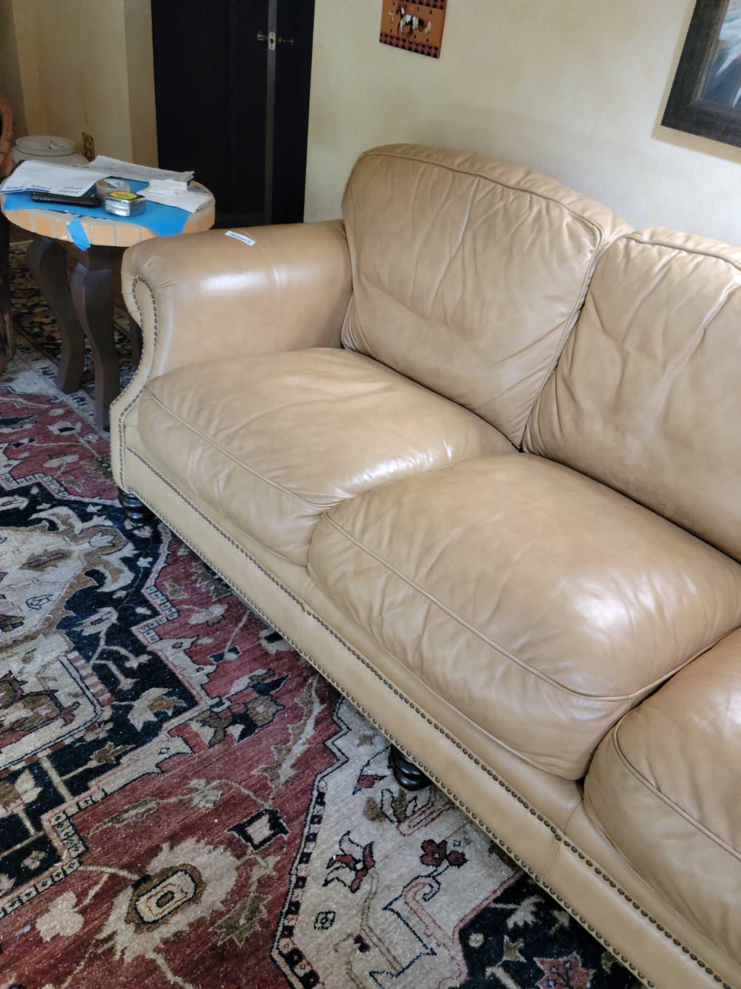 Camel colored Leather couch w matching ottoman