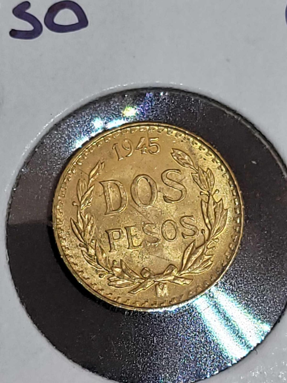 Gold Mexico 1945 2 Peso Gem Brilliant Uncirculated