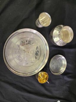 Vintage Serving Dish set footed platter, cups, some silver?