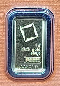 Gold 1 Gram Gold Bar Carded by Valcambi Suisse. .999 Pure Gold Certified & Assayed