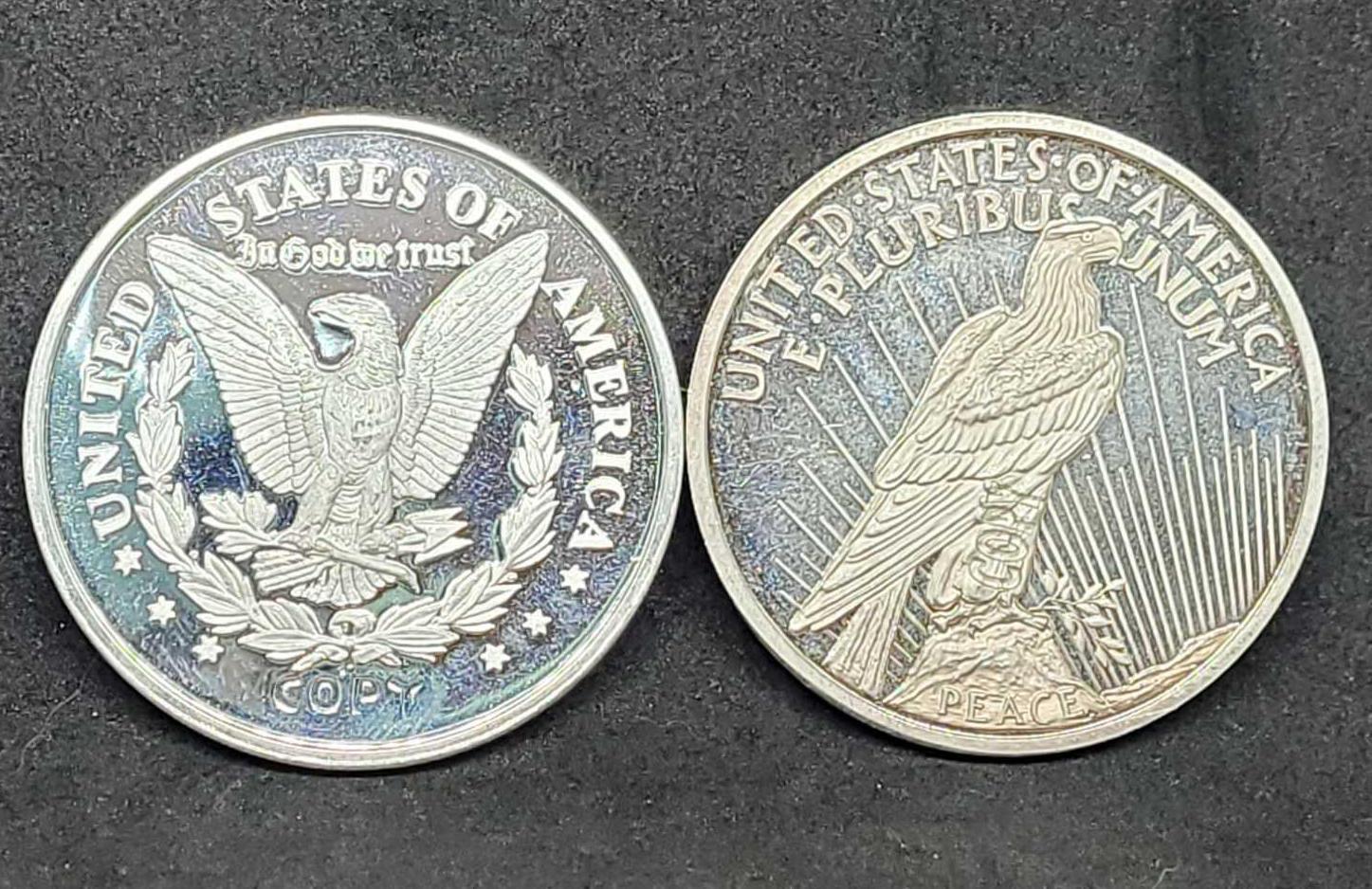 1889-CC Morgan Dollar and 1921 Peace Dollar Proof Silver Clad Copies