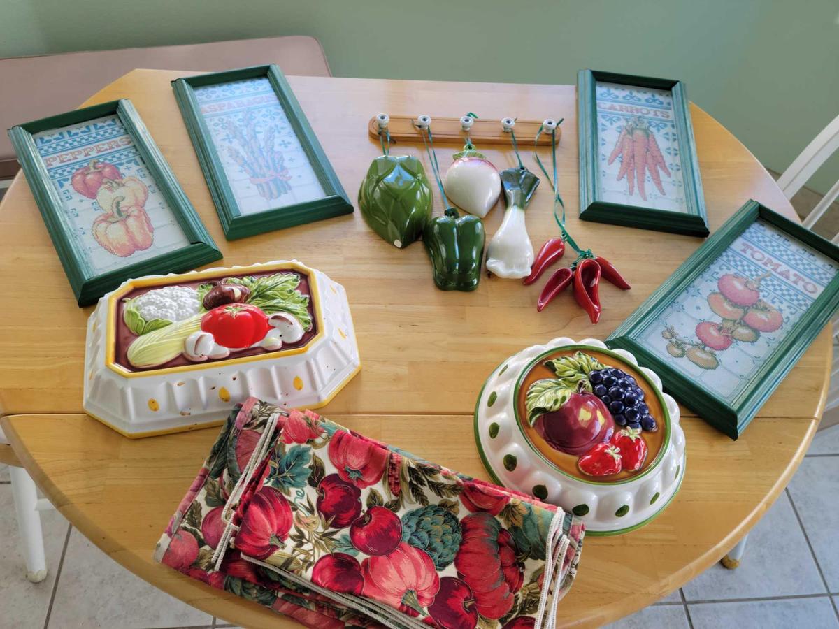 Vegetable Glass measuring cups and peeper spoons. wall art that can be Jello molds Cross stitch