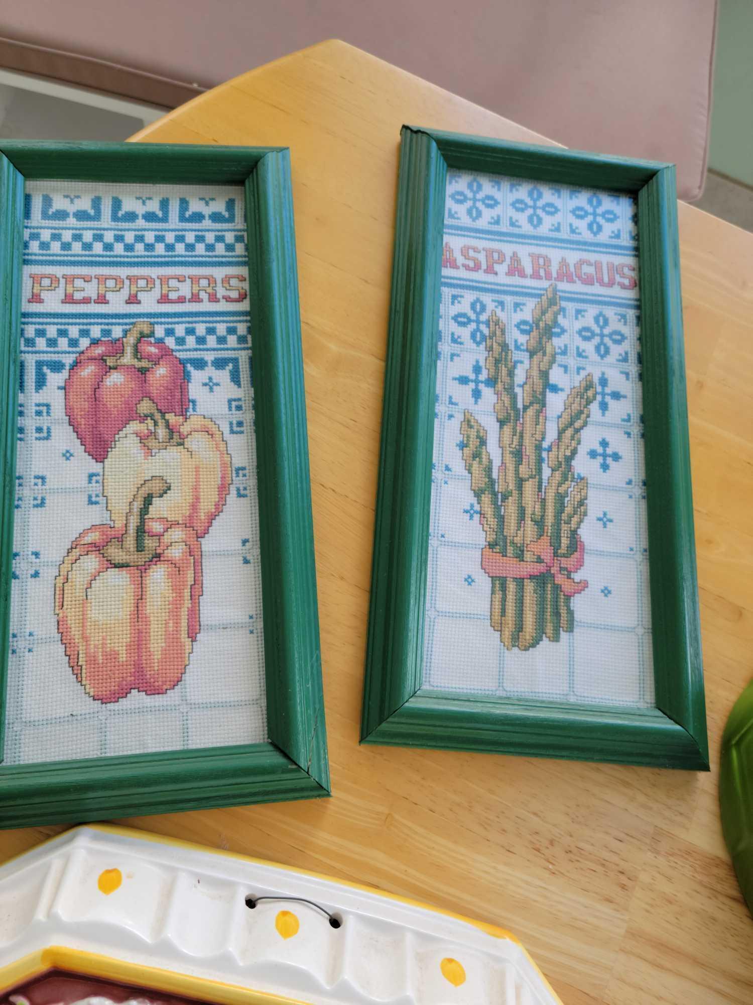 Vegetable Glass measuring cups and peeper spoons. wall art that can be Jello molds Cross stitch