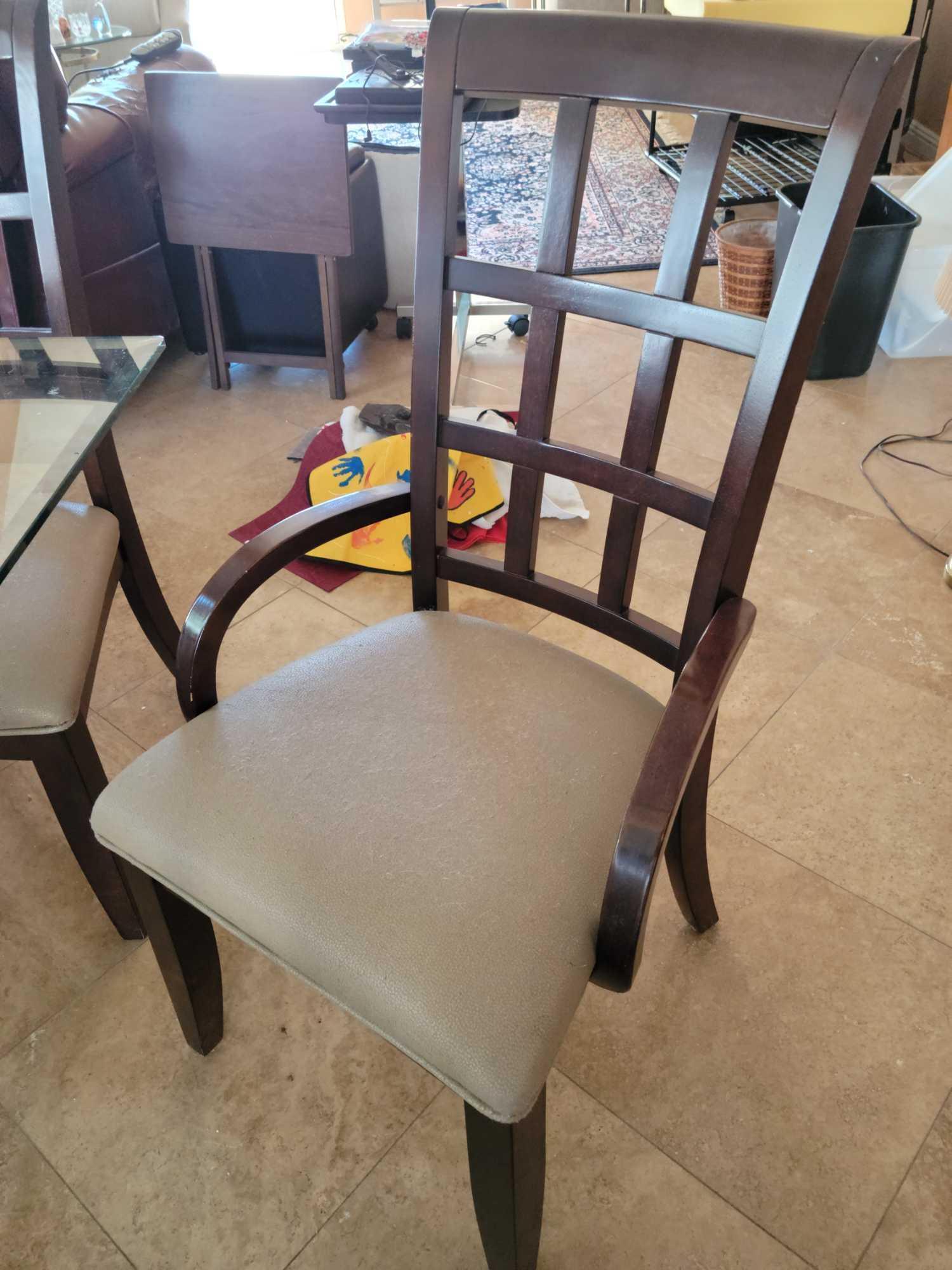 Beautiful Glass Stone pillar table w 6 wood and fabric chairs