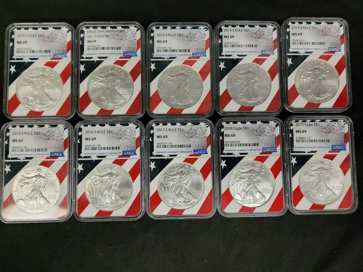 MS69 Silver Eagle lot 10 coins 2010-2019