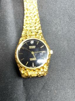 Gruen Diamond 14k Gold Nugget Band Black Face Precision Quartz Watch