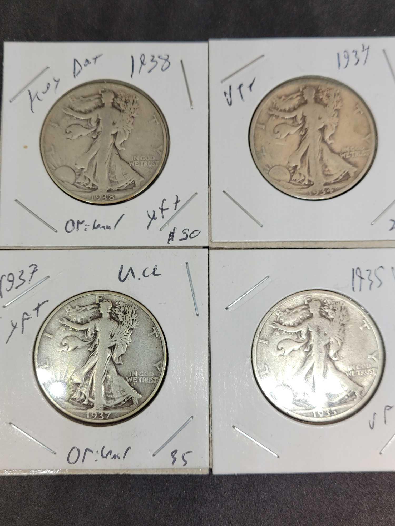 walking liberty half lot of 4 early years 1937 38 35 34 original beauties 2 dollars face 90%