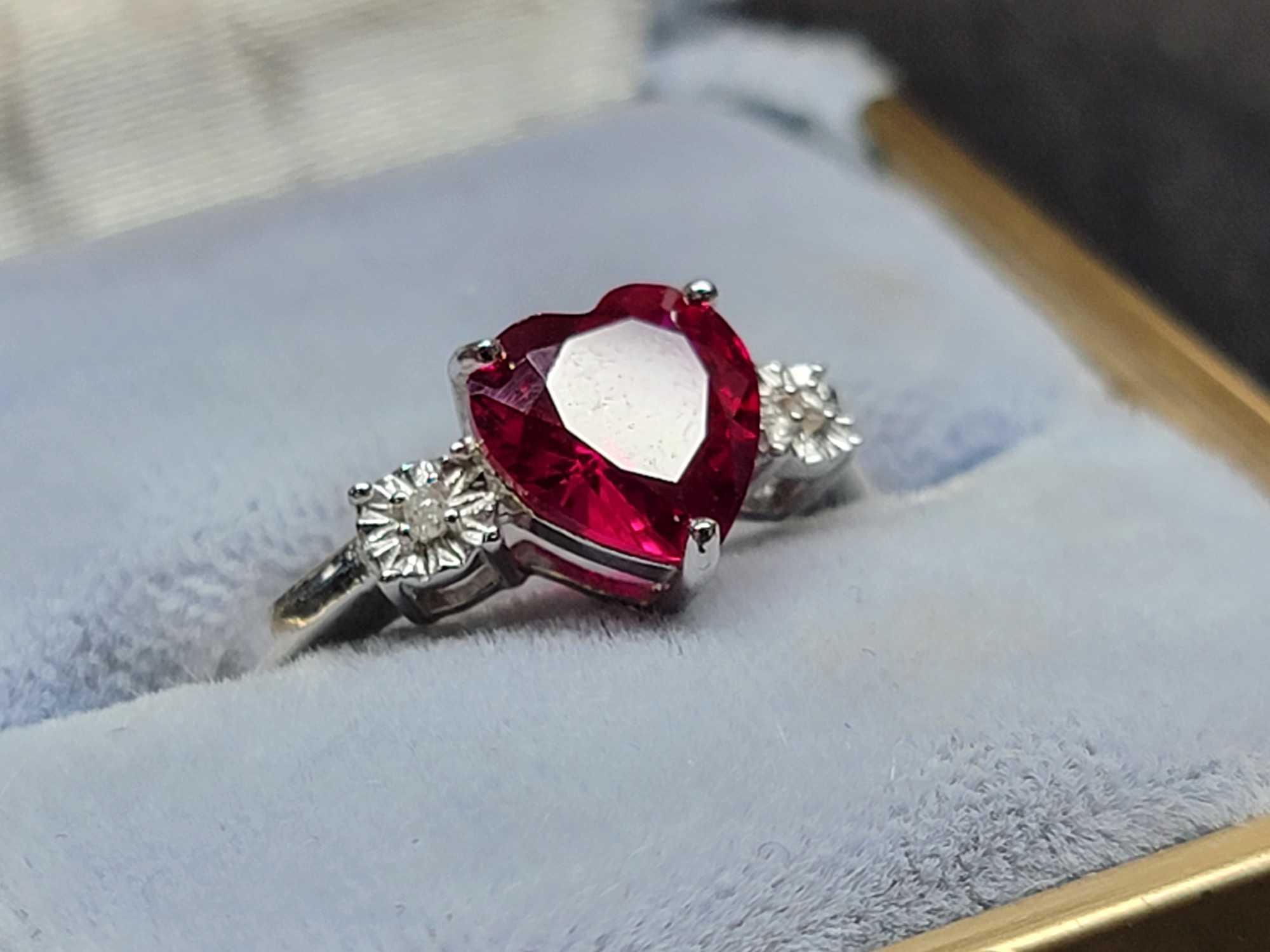 925 Sterling Silver Ruby & Diamond Heart Ring, Size 5