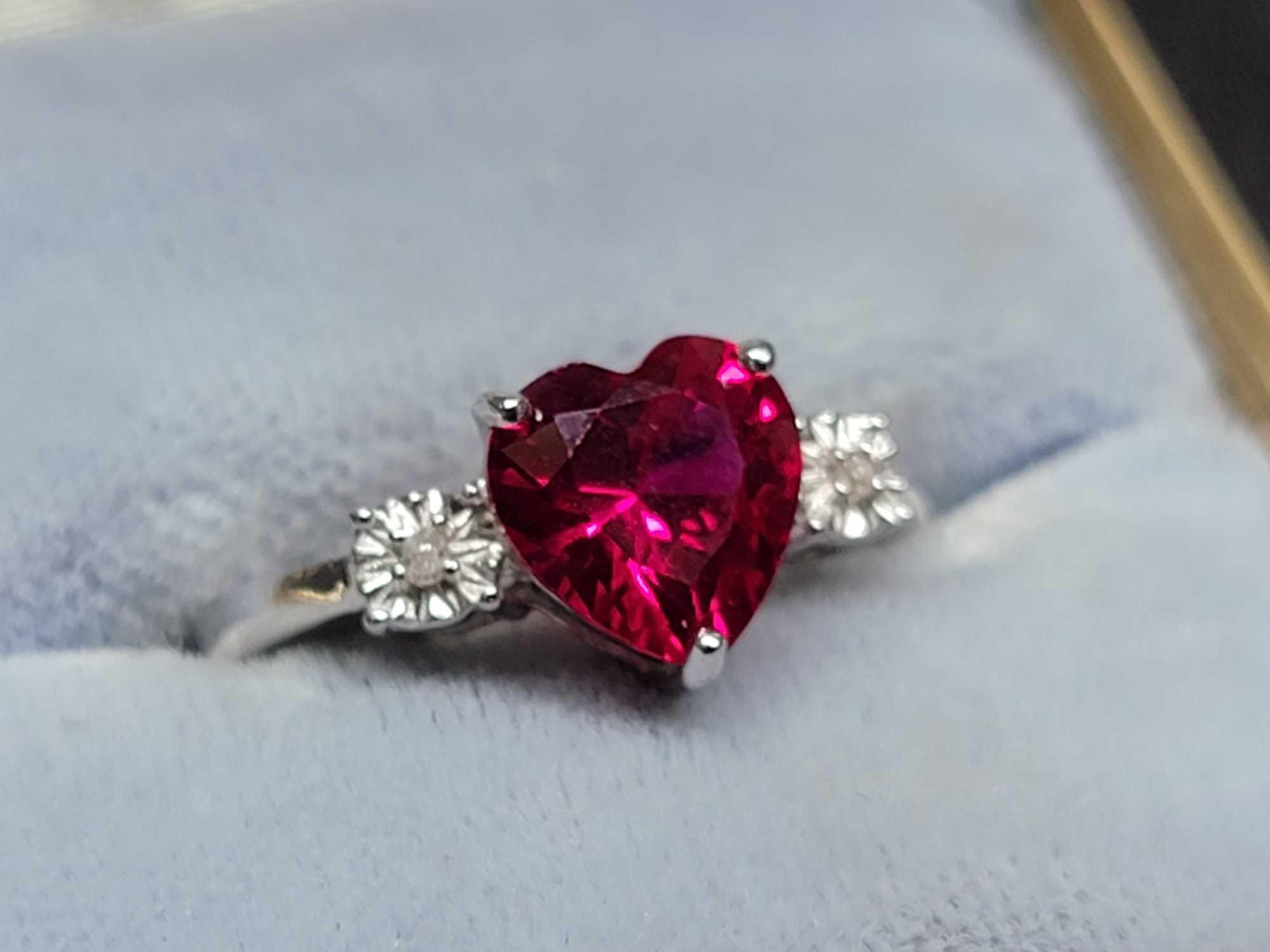 925 Sterling Silver Ruby & Diamond Heart Ring, Size 5