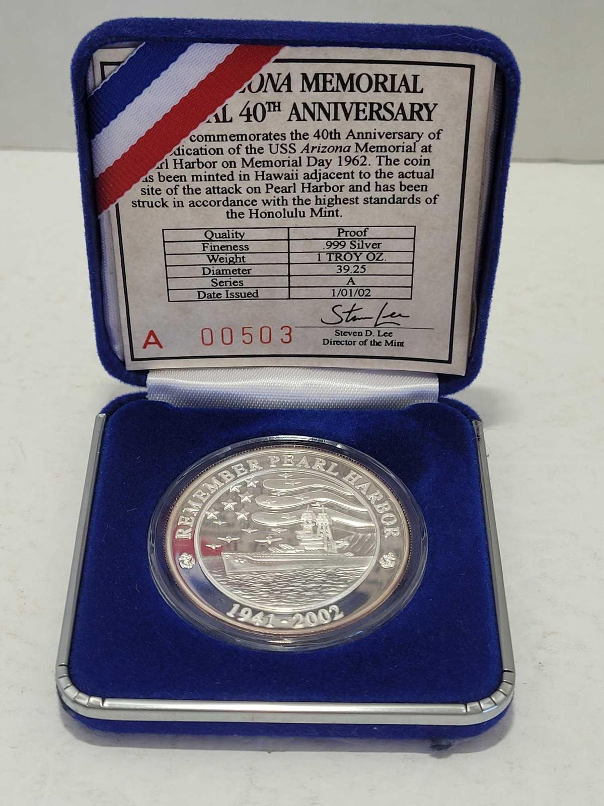 USS Arizona 40th Anniversary Silver Proof Coin .999 Silver 1 Troy Ounce