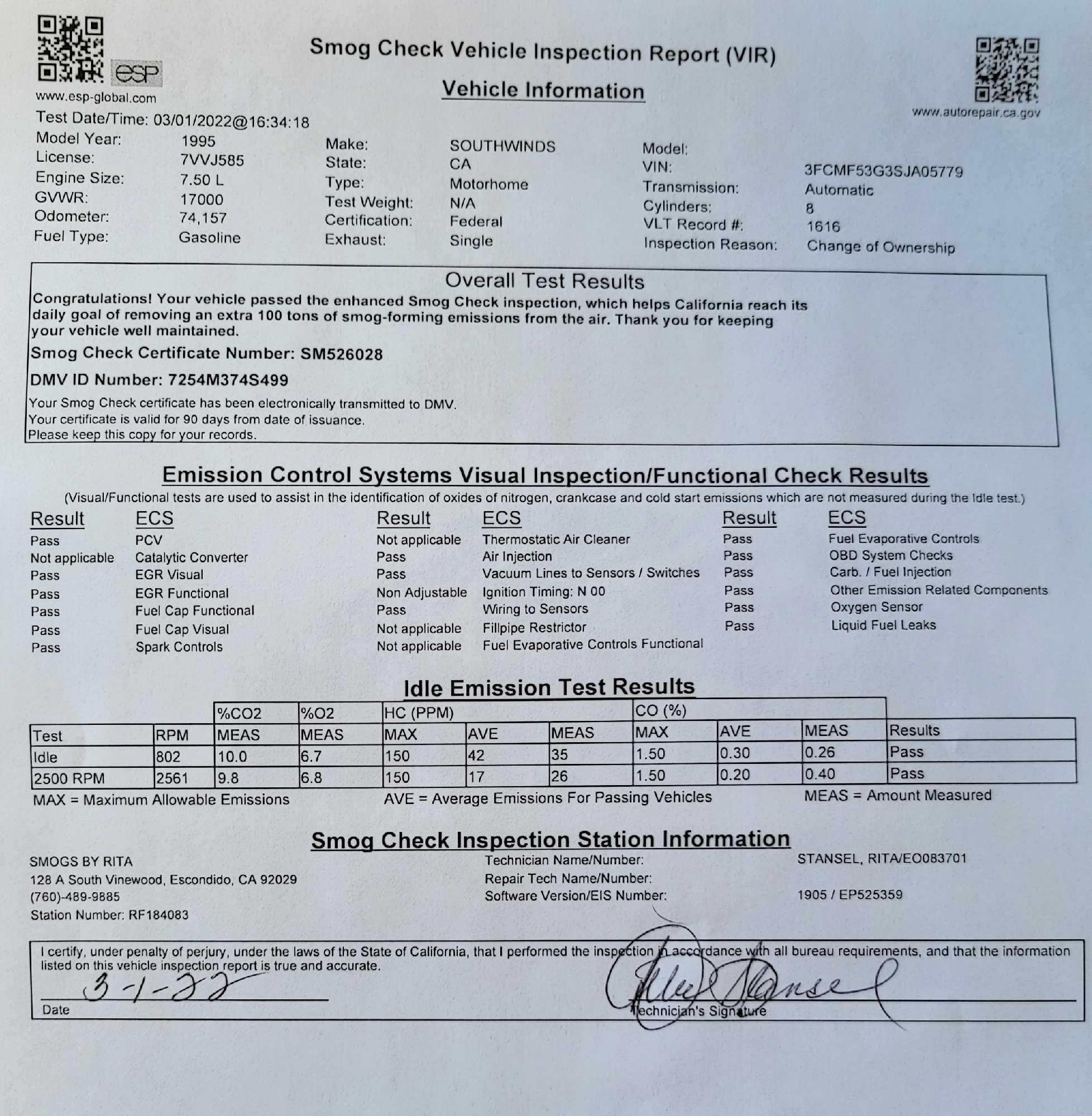 1995 Ford Southwinds 30ft RV 74,162 Miles Nov 2022 stickers