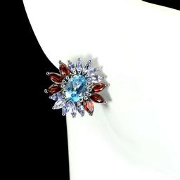 Swiss blue topaz and Mozambique red garnet earrings new designer sterling earth mined gems 5+ct