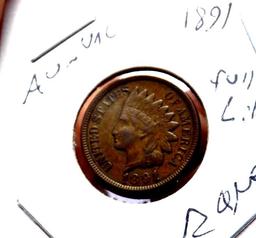 indian cent 1891 au to unc full liberty early year rare find original pq