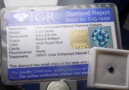 Diamond round blue earth mined with igr cert .36 ct bigger size beautiful stone