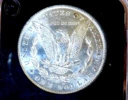 Morgan silver dollar frosty bu+++ in collectors slab nice luster 1885 o near gem blazing