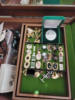 jewelry case full of jewelry, silver coins, omega watch nice
