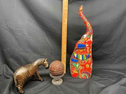 Wooden Sculptures. Hand Carved Zebra, Colorful Elephant made in Indonesia, Fancy Globe.