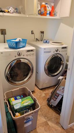 Lg Front load washer Dryer Cleaning supplies contents of hall closet