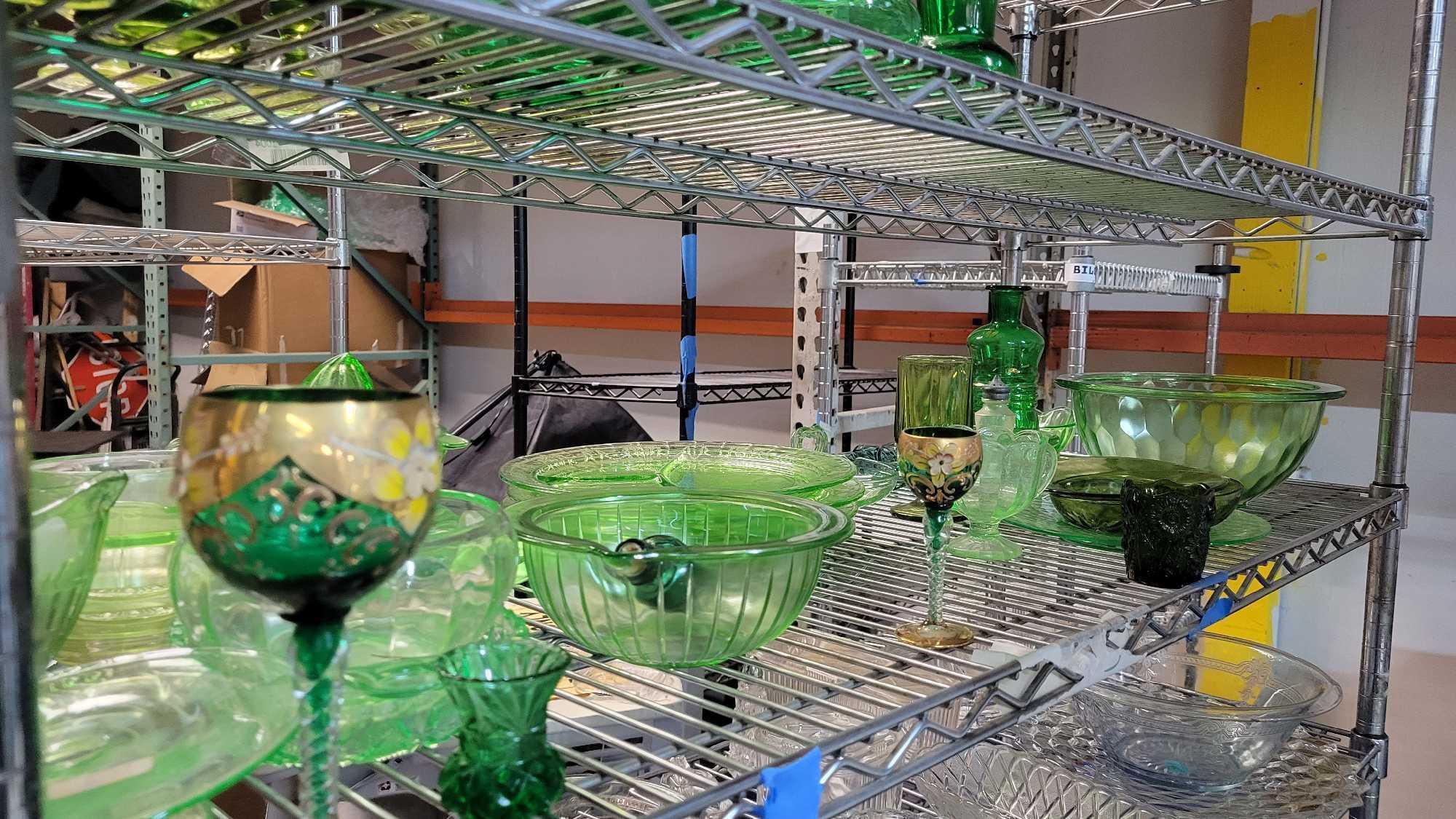 Vintage Green depression glass Fire ware rare pieces in escondido storage...Goodwill Location