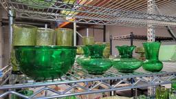 Vintage Green depression glass Fire ware rare pieces in escondido storage...Goodwill Location