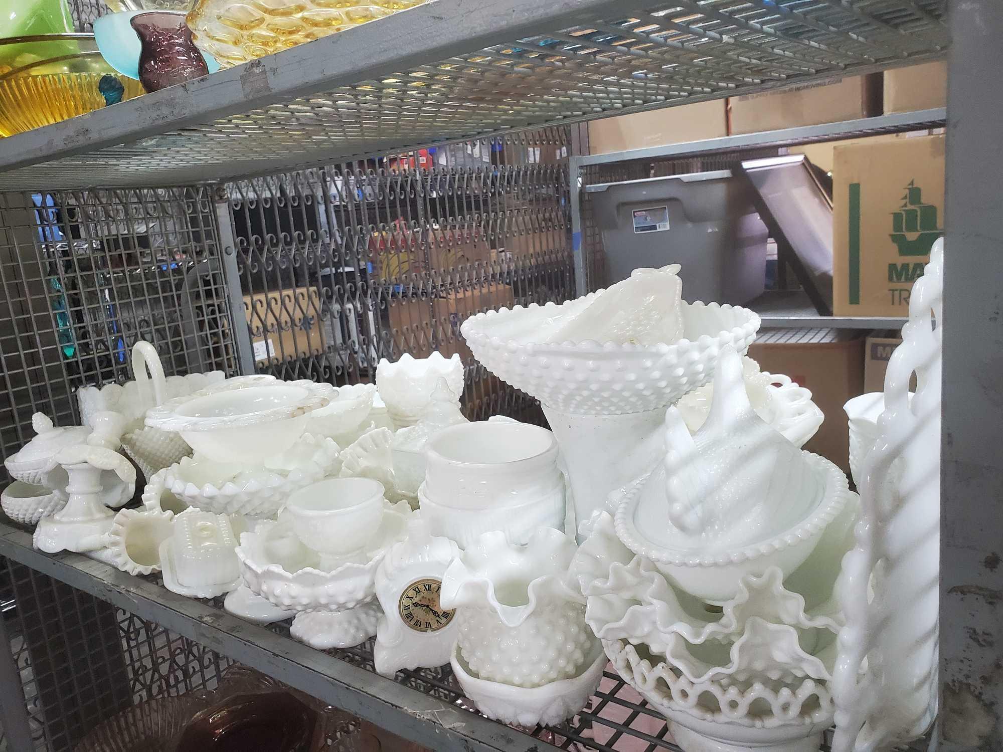 Shelf Lot of vintage milkglass Goodwill Location