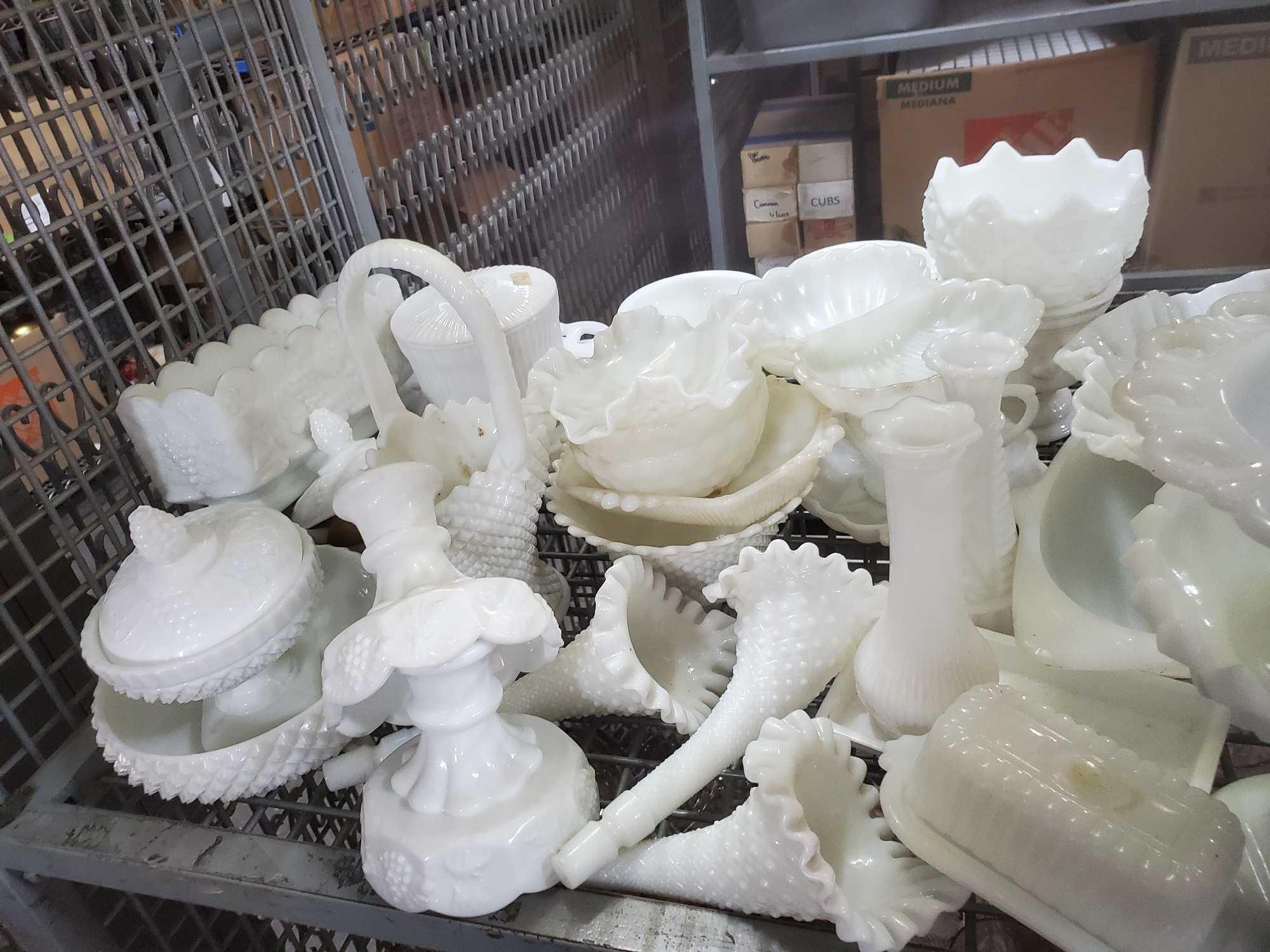 Shelf Lot of vintage milkglass Goodwill Location