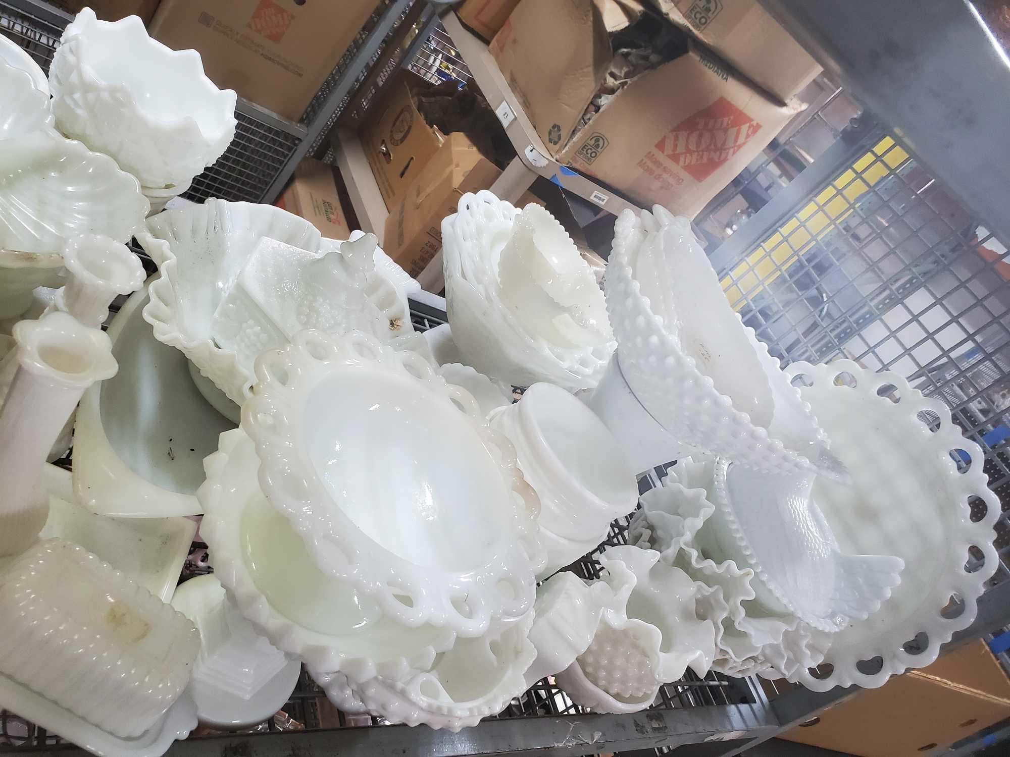 Shelf Lot of vintage milkglass Goodwill Location