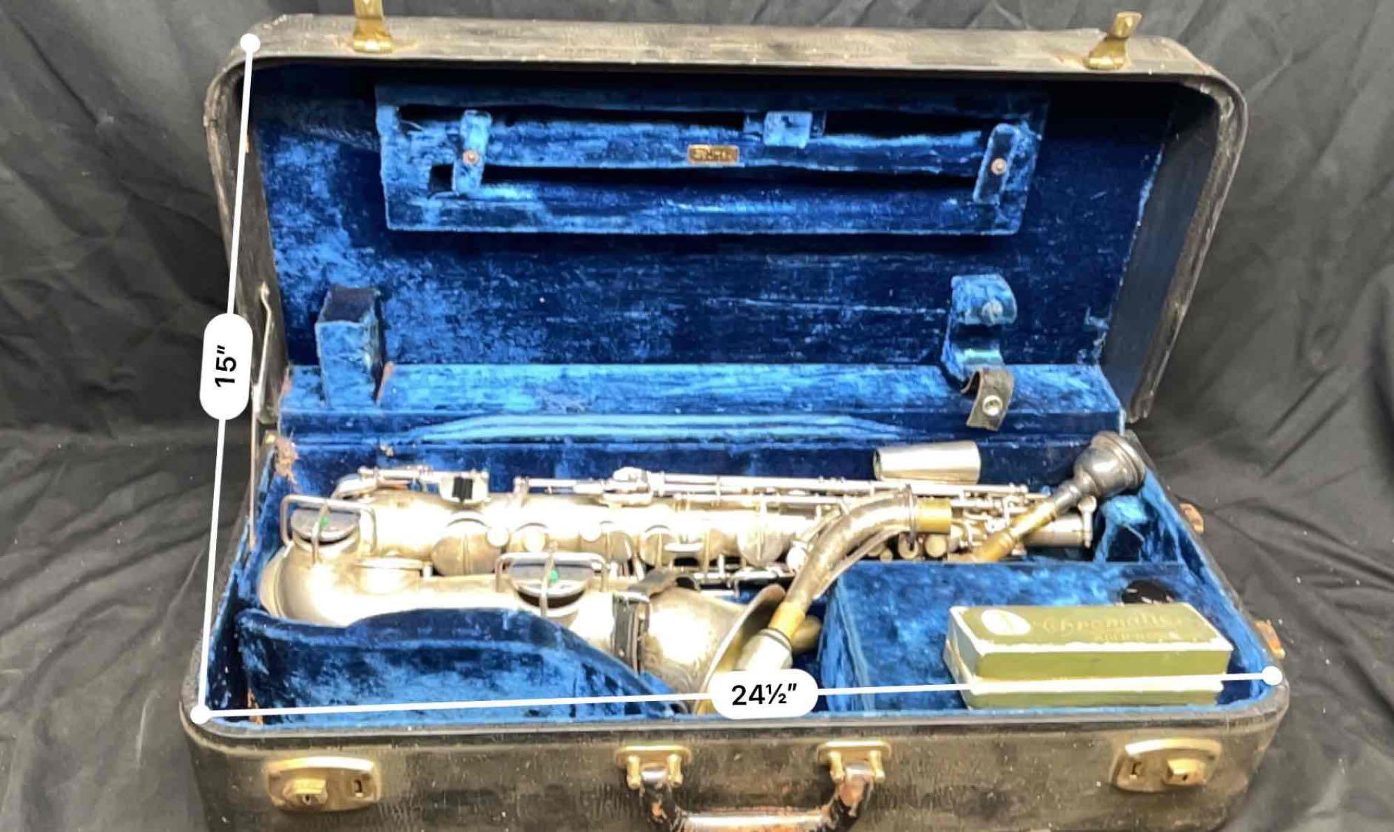 Vintage Martin Low Pitch Saxophone 1935 with Blue Velvet Case and Chromatic Koch-H Harmonica.