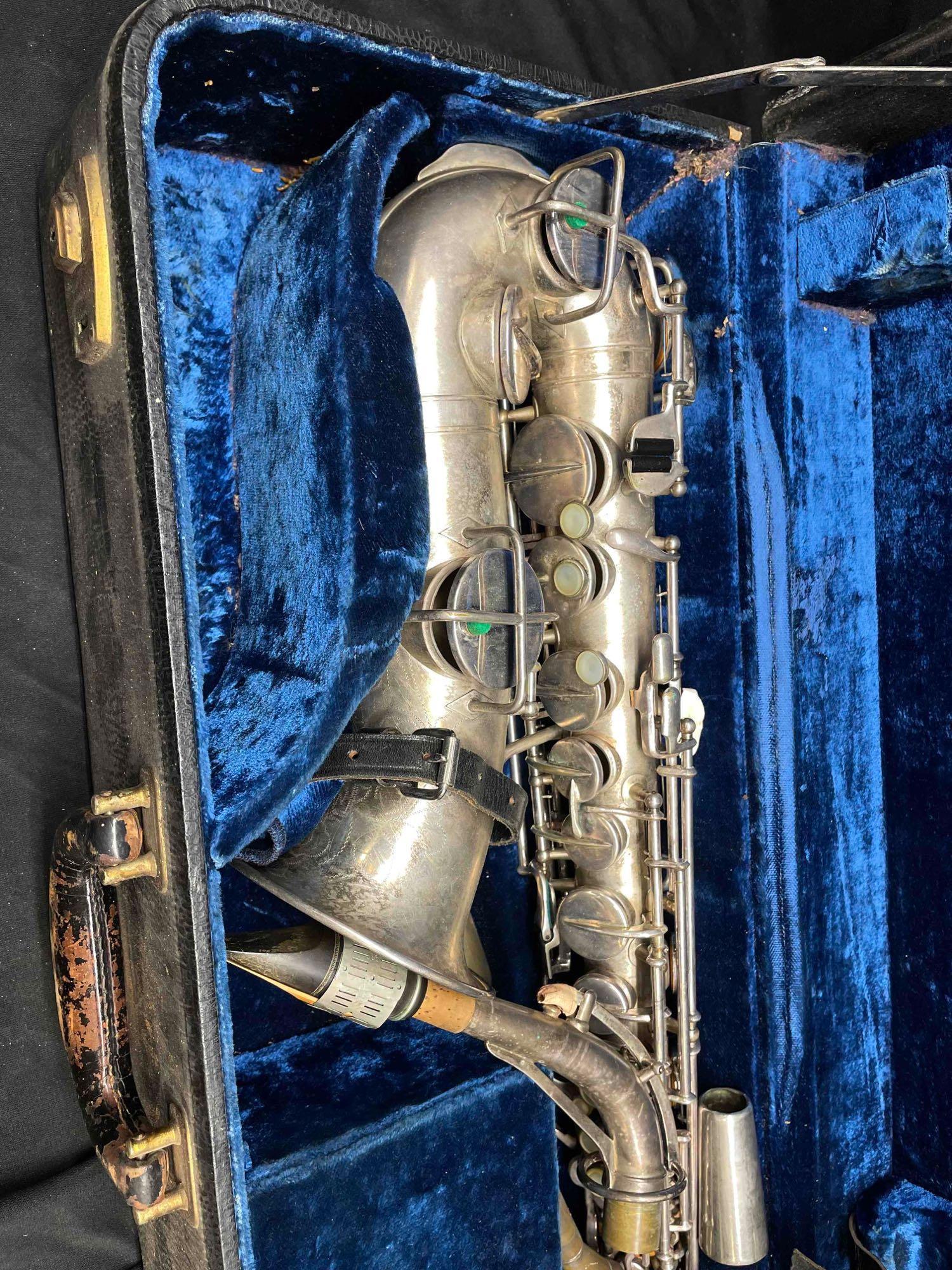 Vintage Martin Low Pitch Saxophone 1935 with Blue Velvet Case and Chromatic Koch-H Harmonica.