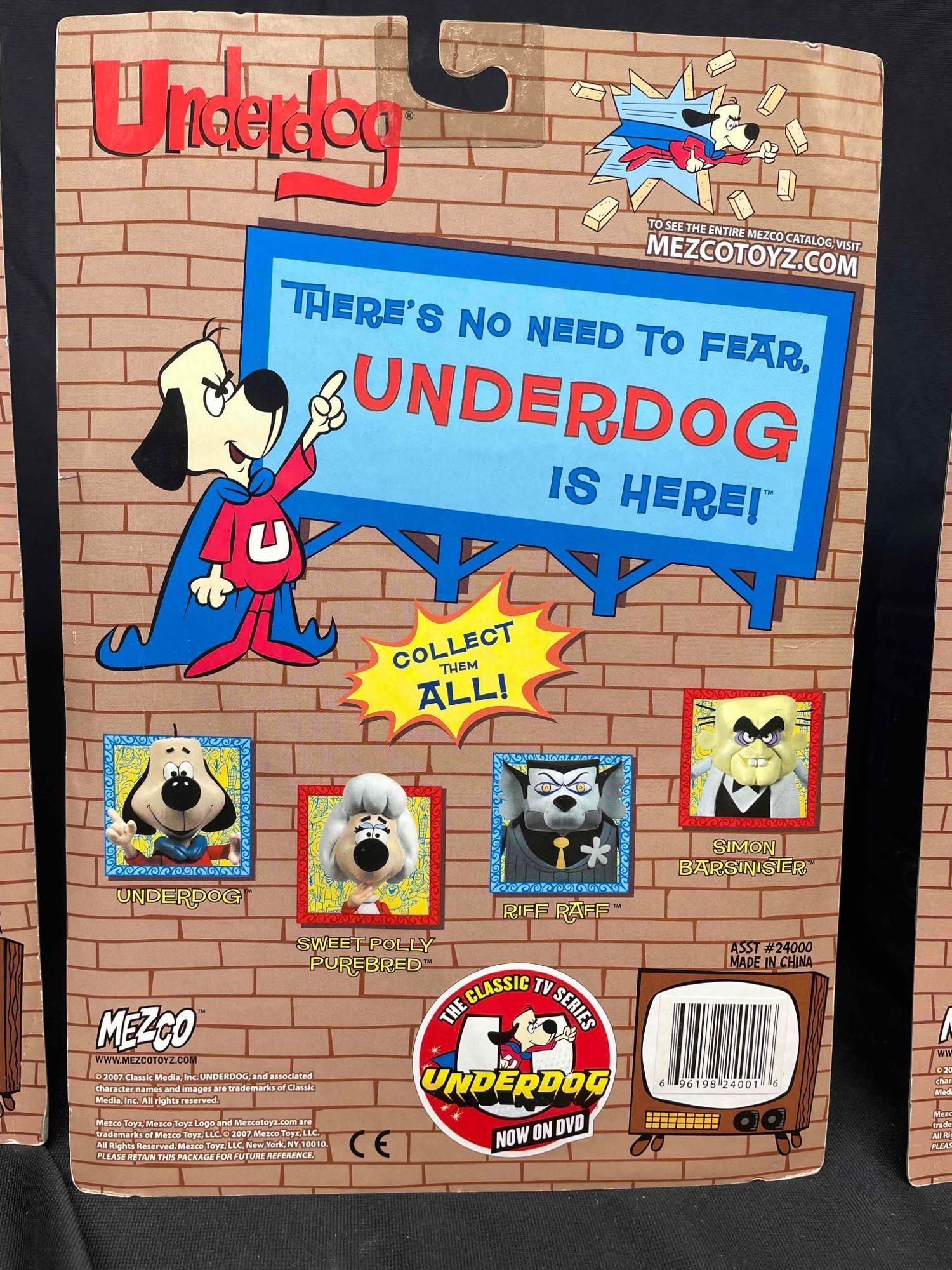 Underdog Action Figures by Mezco Toys. Riff Raff, Simon Barsinister, Sweet Polly Purebread