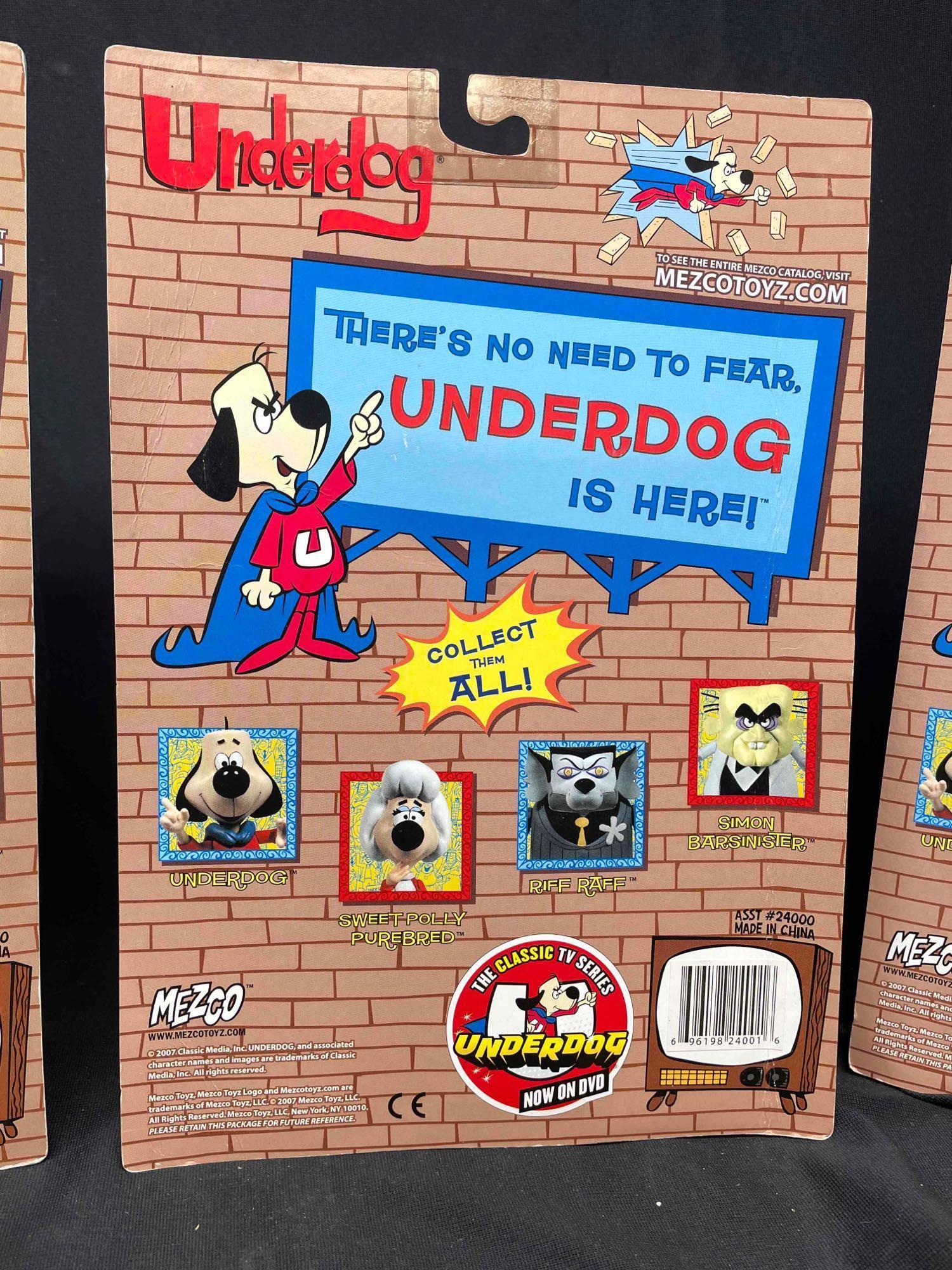 Underdog Action Figures by Mezco Toys. Riff Raff, Simon Barsinister, Sweet Polly Purebread