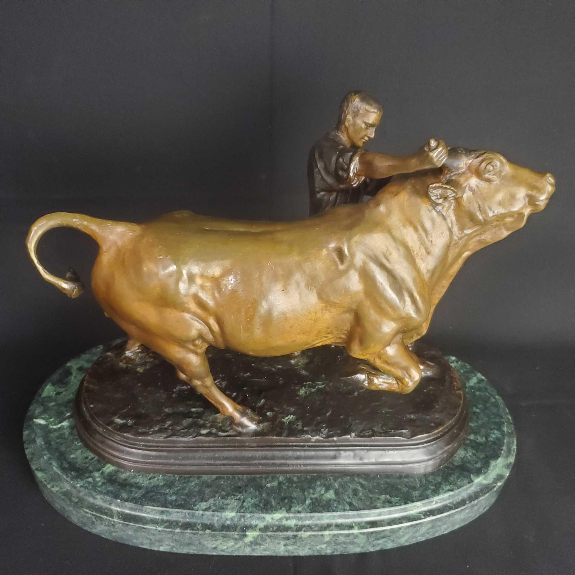 Escondido - Heavy Bronze Statue Man Taming A Bull. Engraved Isidore Bonheur 1827-1901