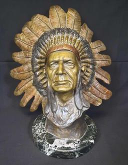 Escondido - Henry Alvarez Bronze colorized Bust of Native American Chief with headdress