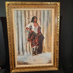 Escondido - Framed Canvas Art of Indian Maid at Stockade w/ Signature and Date - Dock Wooten