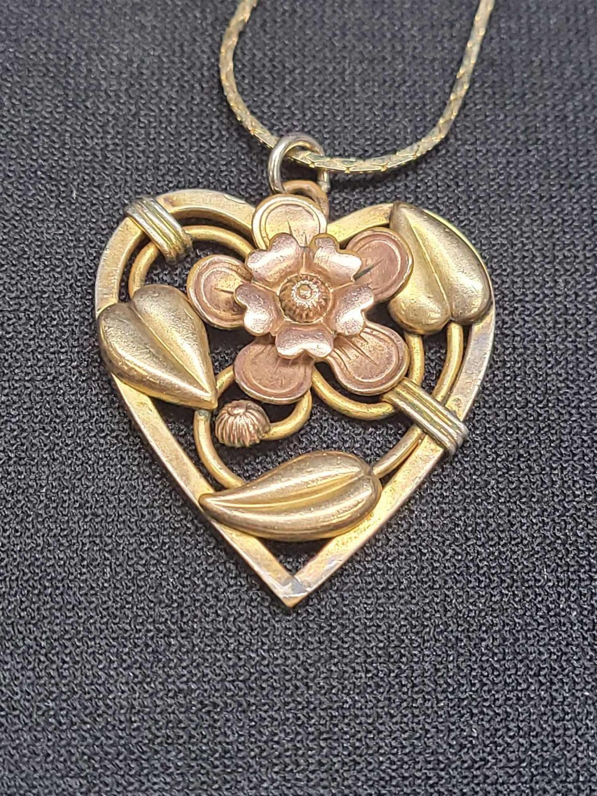 Vtg 10k Gold Filled Heart Flower Pendant Nouveau Victorian Style L.S. Co