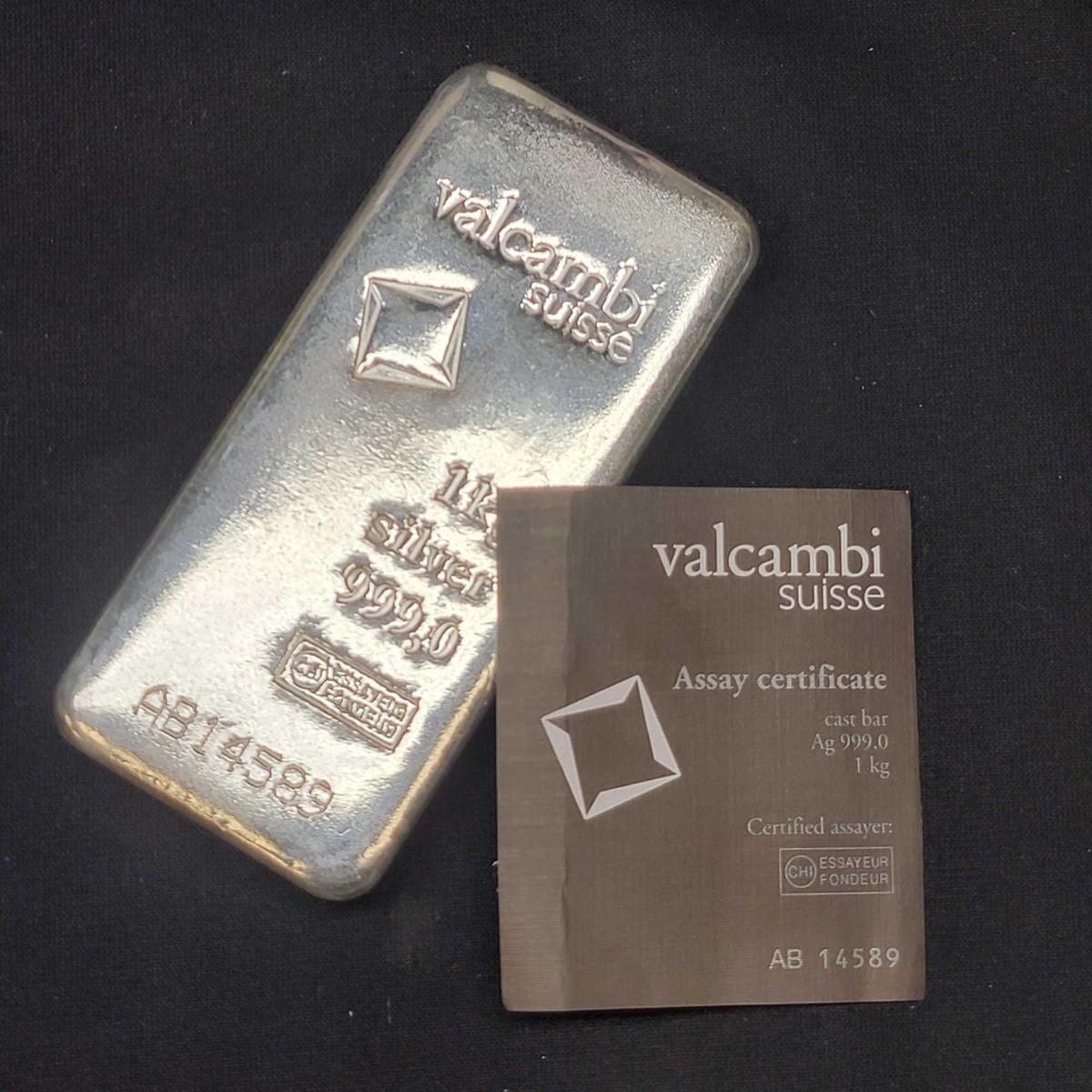 1 Kg Fine Cast Silver Bullion Bar Valcombe Suisse w/ CoA