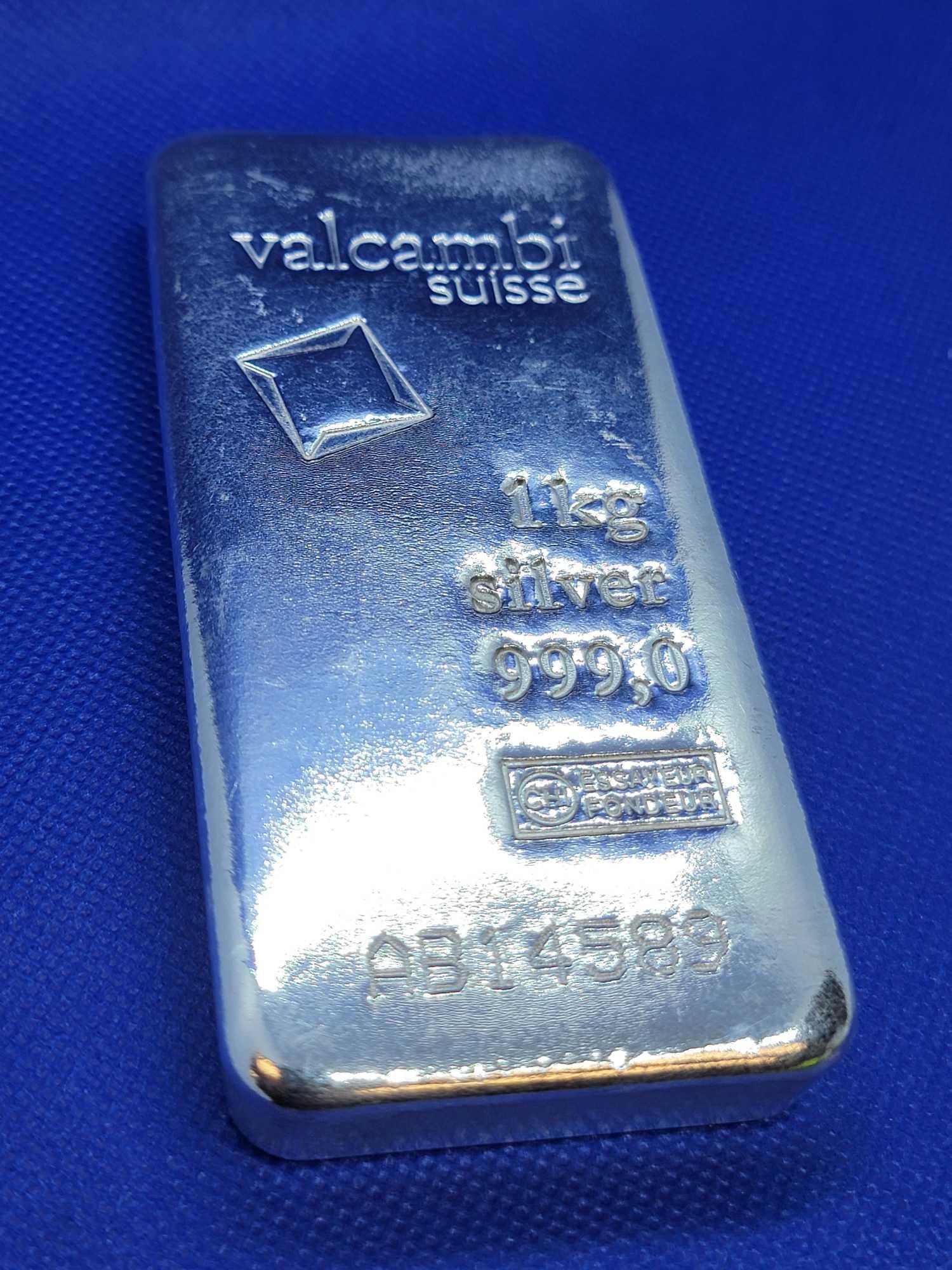 1 Kg Fine Cast Silver Bullion Bar Valcombe Suisse w/ CoA