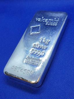 1 Kg Fine Cast Silver Bullion Bar Valcombe Suisse w/ CoA