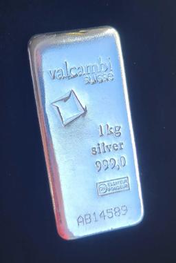1 Kg Fine Cast Silver Bullion Bar Valcombe Suisse w/ CoA