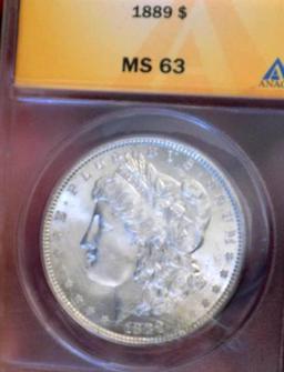 Morgan Silver Dollar 1889 Anacs Certified Ms 63+ Blazing Frosty White Beauty