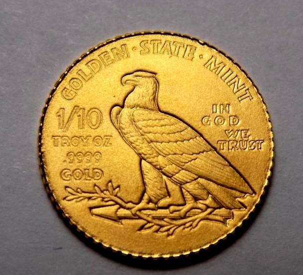 Gold Bullion 1/10th Troy Oz Indian Head Round .9999 Ultra Fine Pure Gold Coin Gem Bu Nice!