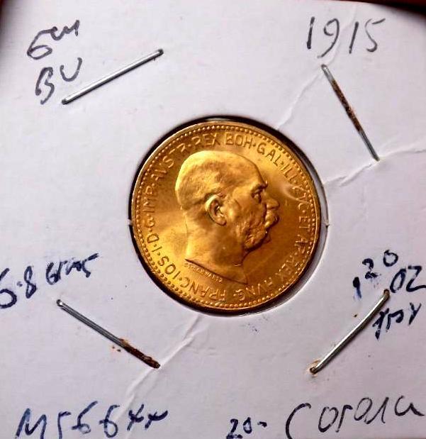 Gold 20 corona austrian 22+ kt pure gold coin .20 troy oz gold gem BU MS+++++ Rare 1915