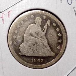 Seated liberty quarter USA 1862 rare early type coin original nice find