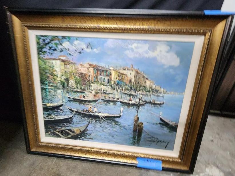 Framed Painting - Canoes Signed 26in Tall 33in Wide