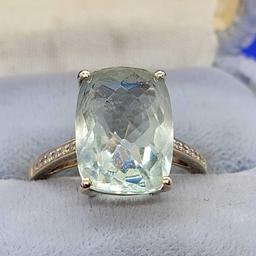 Stunning Ring - CUSHION CUT Pale Green Amethyst (Prasiolite) and DIAMOND RING