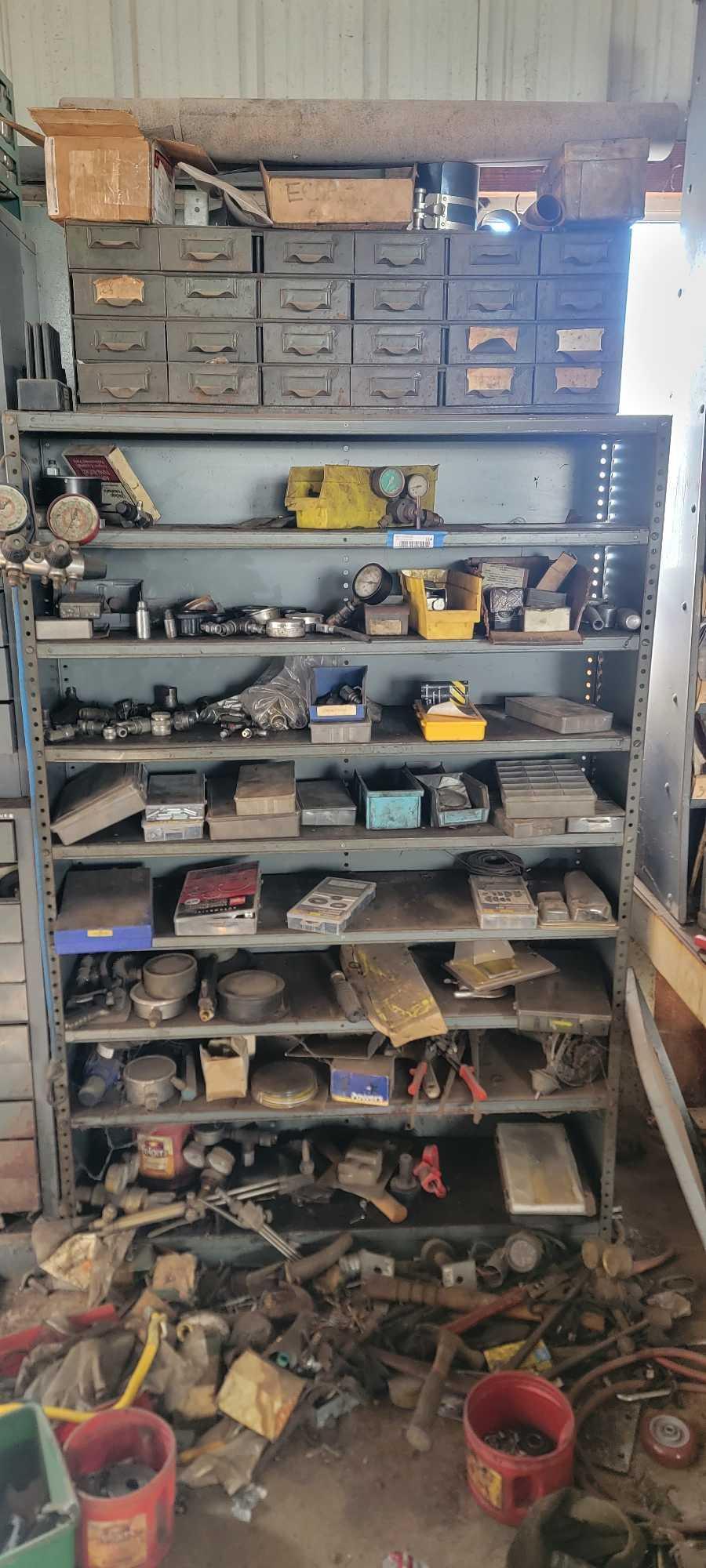 Industrial Shelving w/ Contents, Hydraulic and Welding Parts, Tools, Pressure Gauges, Materials