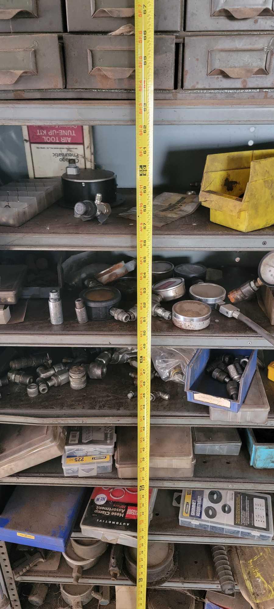 Industrial Shelving w/ Contents, Hydraulic and Welding Parts, Tools, Pressure Gauges, Materials