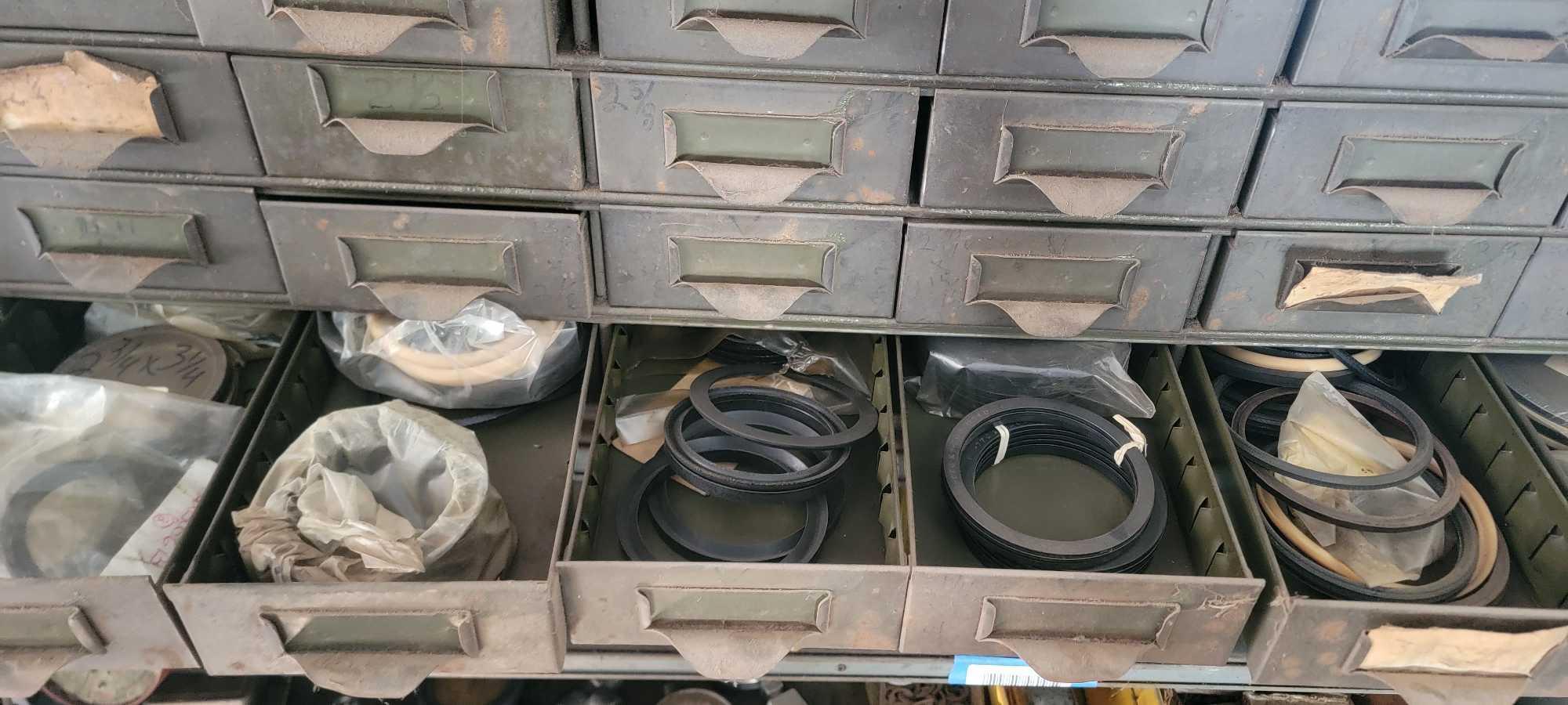 Industrial Shelving w/ Contents, Hydraulic and Welding Parts, Tools, Pressure Gauges, Materials